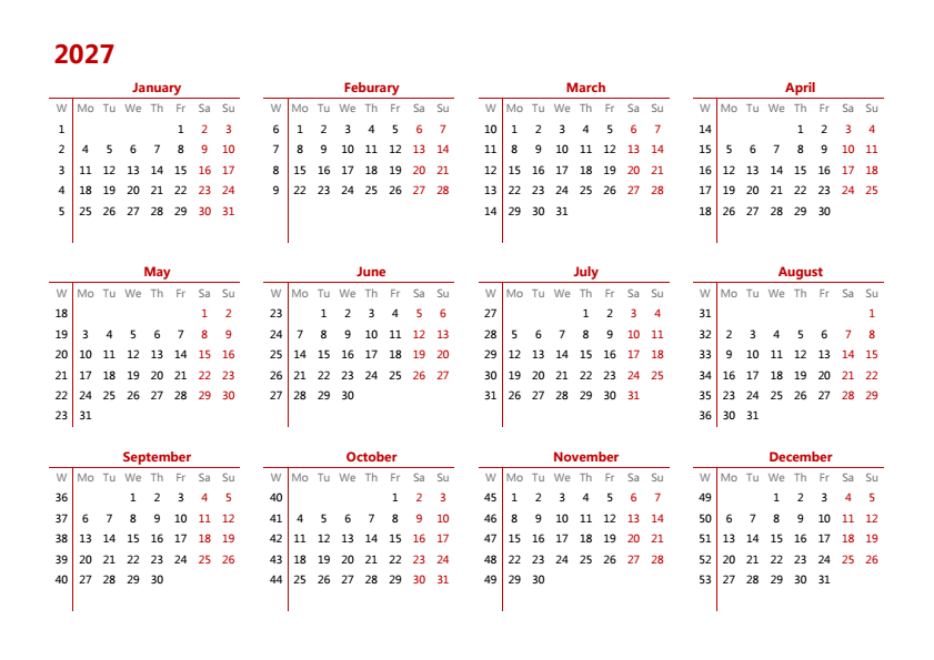 2027年日历 A4横向 英文版 无农历 有周数 周一开始